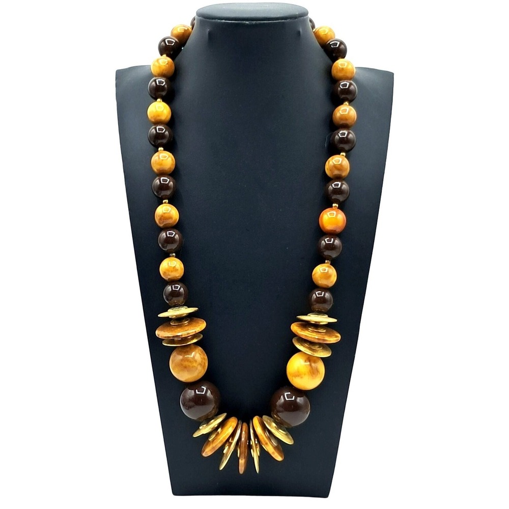 Vintage Bakelite Beaded Necklace Gold Tone Discs Dark Brown Beads Jewelry